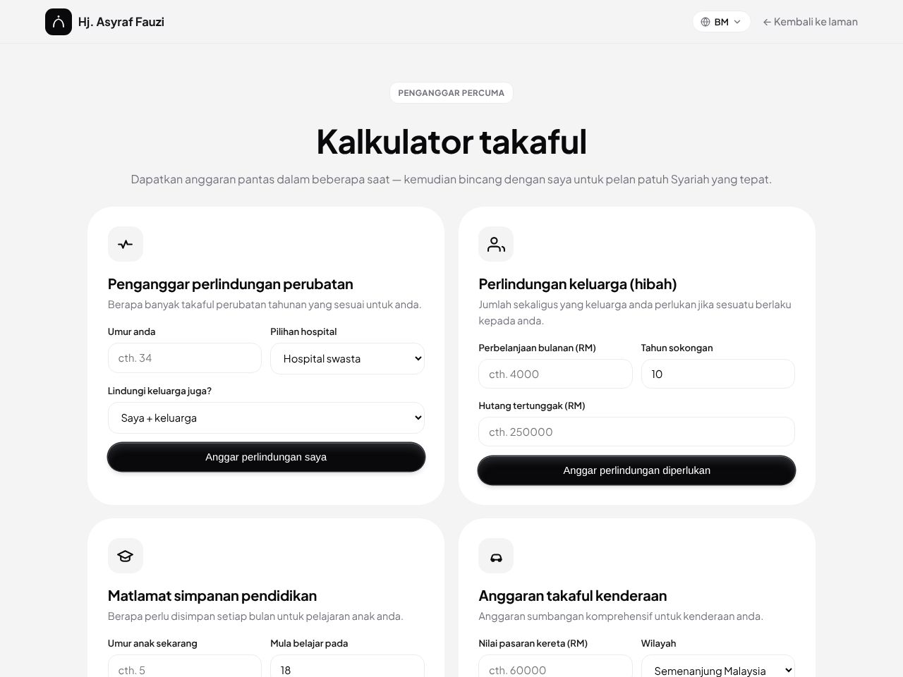 Takaful calculators &mdash; live estimates on the site