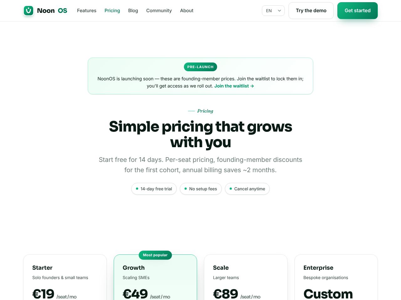 NoonOS pricing &mdash; from solo founder to enterprise